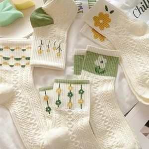5-Pack Floral Green Lace Womens Cotton Socks